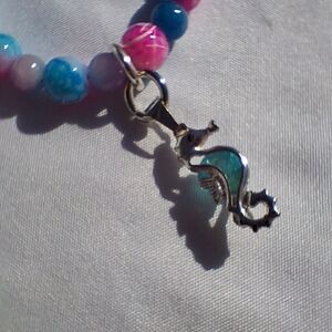 Pink and Blue Beaded Bracelet with a Seahorse Charm